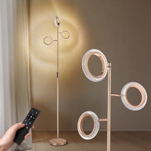 JACKYLED stehlampe wohnzimmer Kristall LED Stehlampe mit 3 Köpfen, 900LM, stehlampe dimmbar, Farbwechsel, Dimmung, Fernbedienung, 176cm Lampe für Schlafzimmer, Büro, Roségold