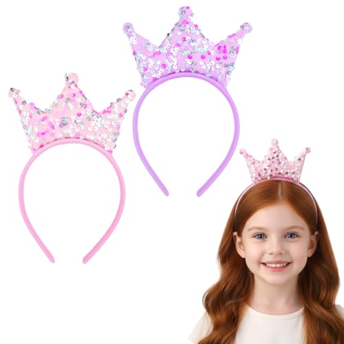 DOPENSPI 2 Pcs Birthday Sequin Princess Headband, Pink Glitter Princess Crown Headband Tiara Glitter Head Bands Elastic Sparkly Hair Accessories for Birthday Christmas Party Proms Gifts