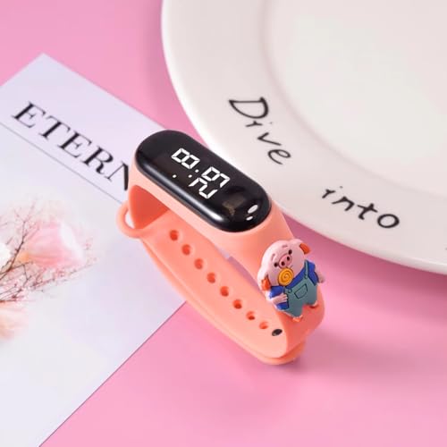 Image of Digital Dial Waterproof Stylish and Fashionable Wrist Smart Watch LED Band for Kids, Rakhi, Colorful Cartoon Character Super Hero for Boys & Girls (Removable Silicon Strap) (Peach Pig)