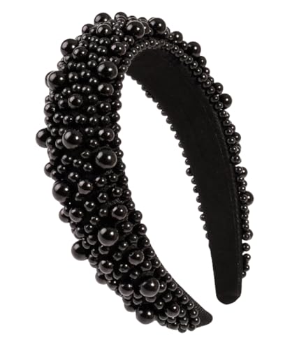 scicent Black Headband Faux Pearl Head Bands Wide Thick Hairbands Beaded Elegant Hair Hoop Styling Accessories for Women Girls 16801