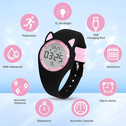 Kids Watch, Digital Watch for Girls Boys, Sport Watch with Alarm Clock, Stopwatch, Waterproof Fitness Tracker with No App for Ages 5-12 Children (MEhuipin-Black Pink)2