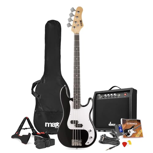 Max GigKit Beginner Bass Guitar Pack - Full-Size Electric Learner Bass Guitar Starter Set in Black 40W Amp Bag Strap Tuner Lessons & Accessories Included - Ideal Starter Pack for Beginners