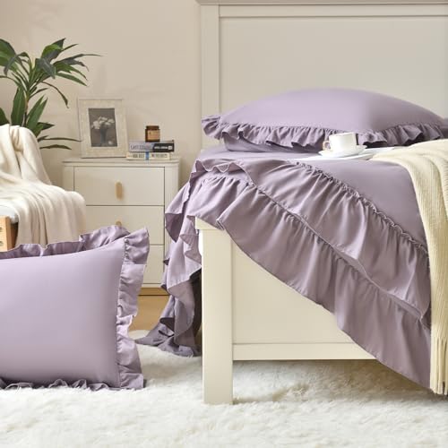 Image of Cupocupa Purple Ruffle King Size Comforter Set, Shabby Chic Boho Bedding Comforter Sets, Fluffy Cozy Bedding Comforters & Sets for All Season, 3PCS Lightweight Farmhouse Rustic Bedding Sets