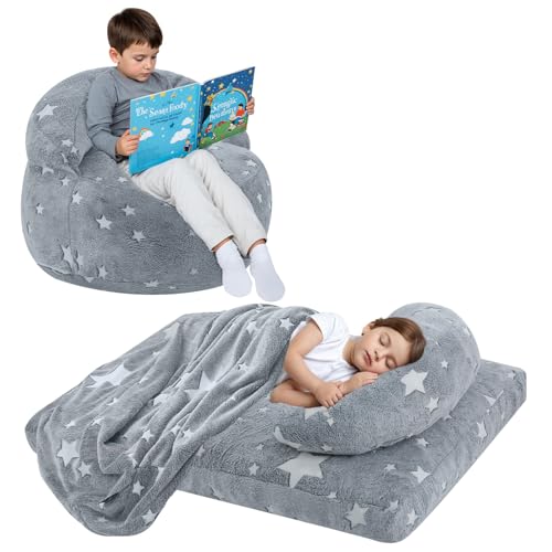 COMAX Bean Bag Chair for Kids, Convertible Toddler Beanbag Bed, Children Bean Chair Stuffed to Floor Mattress with Filler, Glowing Grey Star