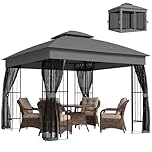 Outsunny 3 x 3 m Outdoor Garden Gazebo with Post Shelves, UPF50+ Double Roof Patio Gazebo Permanent Pavilion Canopy Shelter with Mosquito Netting, Metal Frame, Grey