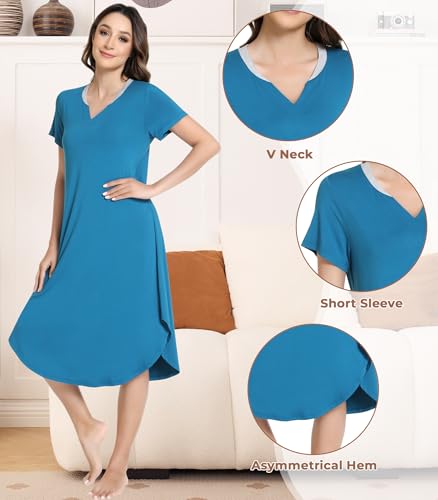 Image of NACHILA Nightgowns for Women-Viscose Made from Bamboo,Short Sleeve Nightshirts V Neck Sleep Shirt Loose Sleep Dress