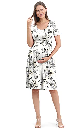Sunnybuy Women's Maternity Dresses Casual Maternity Swing Dress Pregnancy Clothes Knee Length With Belt,White Floral-L #TOP1