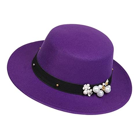 NiceYnn Classic Vintage Wool Wide Brim Flat Top Pork Pie Boater Hat, Adjustable Pearl Band Fedora Church Derby Felt Cap for Wedding Party Talent Show Purple & Pearl Cover