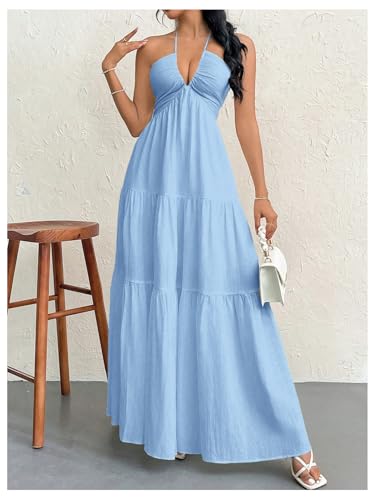 Image of SHENHE Women's Deep V Neck Tie Knot Backless Halter Dress A Line Flowy Ruffle Maxi Dress