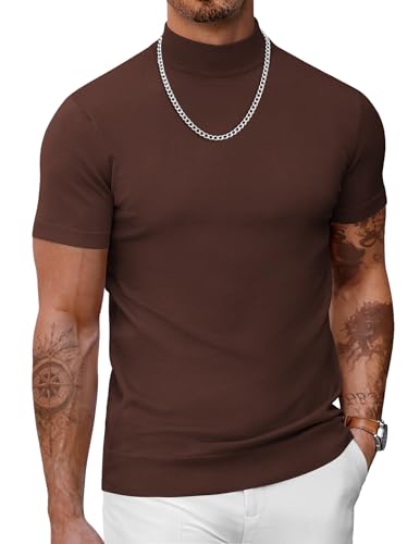COOFANDY Men's Mock Turtleneck Short Sleeve Pullover Sweater Solid Color Knitted Mock Neck Shirts Slim Fit Basic Casual Dress Sweater Brown Medium