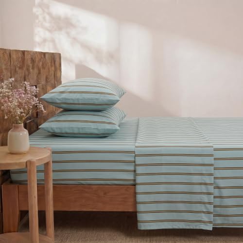 Image of Merryword Green and Orange Striped Sheet Set Queen Size - 100% Cotton Striped Bedding 4 Pieces, Soft Breathable Percale Weave, 17.5 inch Deep Pocket, Luxury Linen Like, All Season Comfort