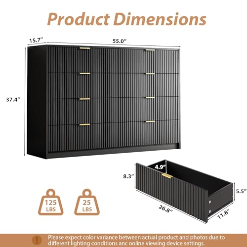Image of MAISONARIA Dresser for Bedroom, 8 Drawer Double Dresser, Modern Chest of Drawers for Bedroom, Living Room, Entryway and Closet, 55 inch L x 15.7 inch D x 37.4 inch H, Black