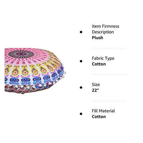 Craft Kala 22" Round Mandala Boho Pillow Meditation India Room Seating Poufs For Living Room Yoga Room Home Décor Bedroom Balcony Garden Party Decoration Cotton Floor Cushion Cover, Pink Yellow Floral #TOP6