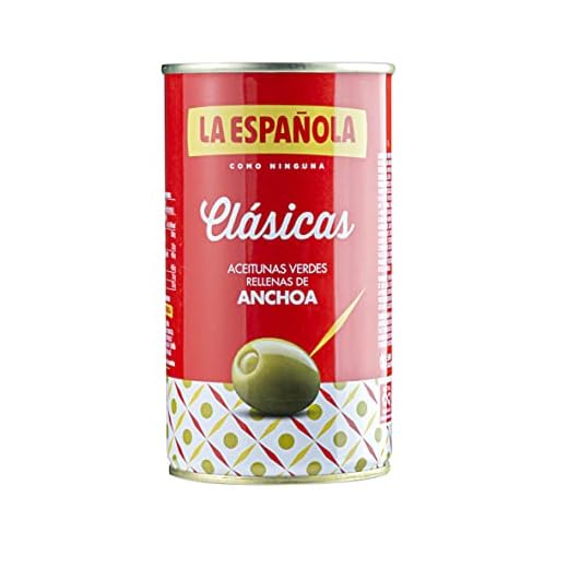 La Española Aceitunas Verdes Rellenas de Anchoa Clásicas, peson neto escurrido 150 gramos, peso neto 350 gramos