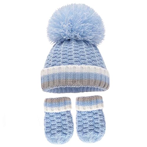 Soft Touch - Soft Touch Baby Boys Girls Pom Pom Hat Unisex Cable Knit Twist Hat Mittens Set 0-12 Months H648 (Blue), One Size