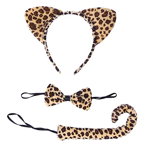 Cerioll Tierohren Stirnband,Ohren Stirnband Set,Ohren Fliege Tier Kleid Set,Leopard Muster Katze Ohren,Leopardenkostüm-set,Tier Leopard Stirnband Fliege,Leoparden Katzenohren Schwanz Und Fliege