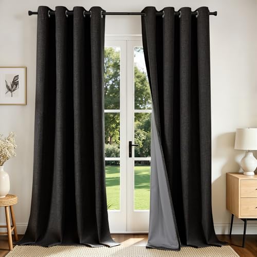 Image of Joydeco Blackout Curtains 108 Inches Long, Black Extra Long Curtains for Living Room Bedroom, Total Room Darkening Curtains Grommets Linen Texture Drapes for Windows(52x108 inch, Black)
