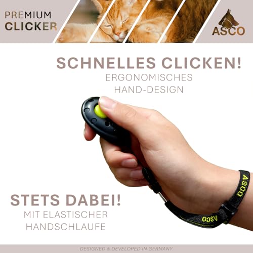ASCO Premium Clicker, Hunde und Katzen Klicker für professionelles Clickertraining mit Stretcharmband, schwarz, ASCO-01PA