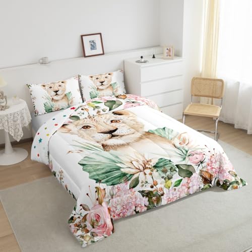 Erosebridal Cartoon Lion Comforter Set Twin Size Kids,Pink Floral Bedding Set Girls Boys Baby Lion Print Duvet Insert Safari Animal Quilted Comforter,Tropical Plants Home Dorm Decor Soft Cozy White thumb #3