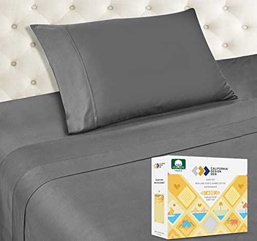 Extra Long Twin XL Sheets Dorm - 400 Thread Count 100% Natural Long Staple Cotton, Dark Grey 3 Piece Sheet Set, Deep Pocket Bedsheet Fits 15 Mattress