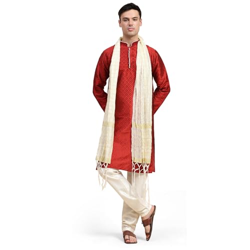 SKAVIJ Men's Jacquard Silk Kurta Pajama Set with Scarf Ethnic Motifs 3-Piece Set (Small, Red)