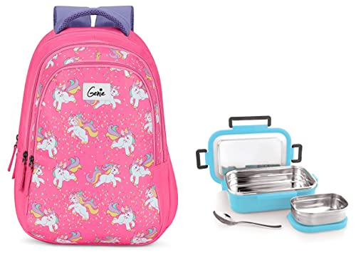 Image of Genie Nylon Unicorn School Backpacks For Girls - 3 Compartments | (Pink) With Attro Lunch Box 27 Litres