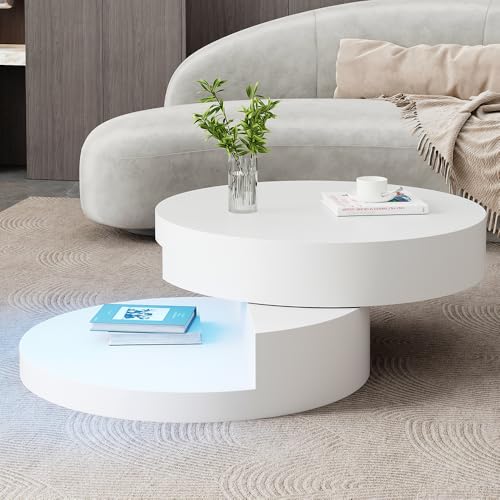 PUGSDRLY Table Basse 70 × 70 × 35,5 cm avec Plateau pivotant à 360°, Comprenant Une Table de Salon pivotante avec Bande Lumineuse LED 16 Couleurs,...