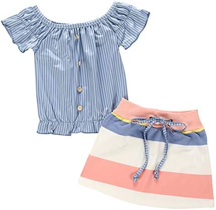 Toddler Baby Girl Skirts Outfits Set Ruffled Striped Shirts Tops + Rainbow Shorts Skirts Clothing Set (Blue, 6-7 Years)