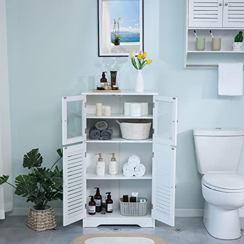 Weenfon Bathroom Cabinet, Storage Cabinet With 2 Glass Doors & 2 Shutter Doors, Free Standing Floor Cabinet With 2 Shelves, For Living Room, Hallway, Home Office, White #TOP7