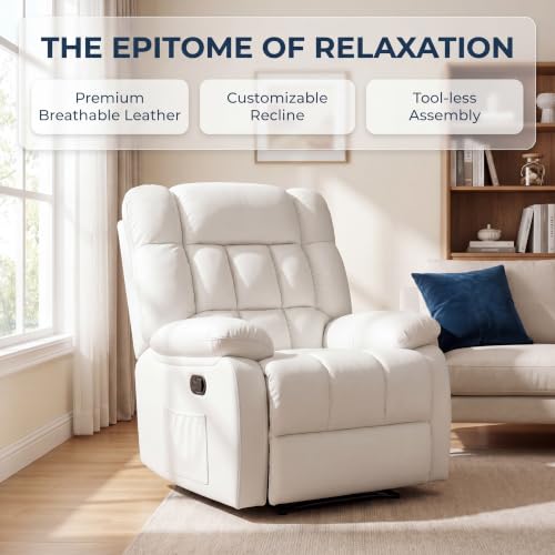 Image of Oversized Recliner Chair, Leather Recliner Adjustable with Side Pockets, Living Room Reclining Lounge Chair for Adults, Small Spaces Comfy Sofa with Theater Seating for Bedroom, Movie,White