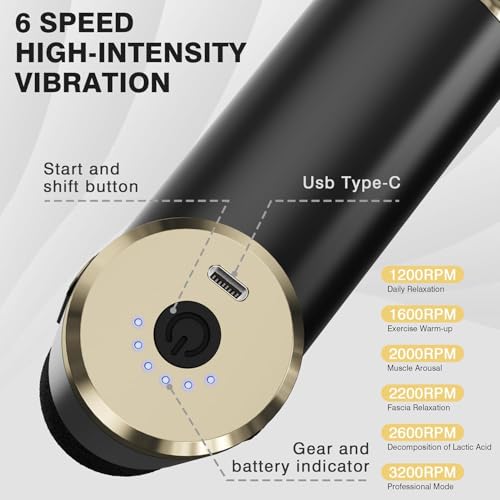 Image of Massage Gun for Deep Tissue Muscle Relief | 6 Speed Levels | 4 Interchangeable Massage Heads | Quiet Brushless Motor | USB Type-C Rechargeable Percussion Massager for Neck, Back, Shoulders, Legs & Full Body Recovery