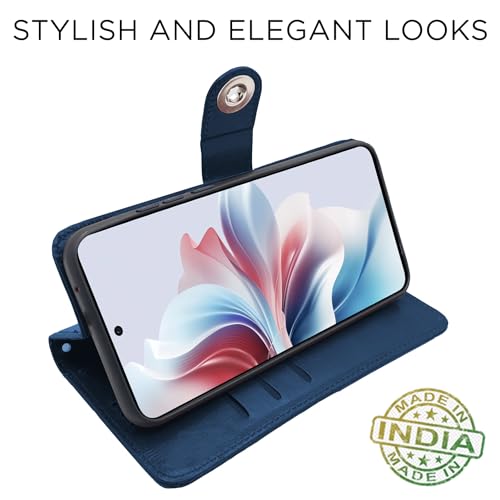 Image of Pikkme Oppo F25 Pro 5G Flip Cover Leather Finish | Inside TPU with Card Pockets | Wallet Stand and Shock Proof | Complete Protection Button Flip Case (Blue)