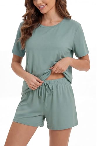 Image of LUBOT Pajamas for Women Set Bamboo Viscose with Cotton Cooling Soft 2 Piece PJ Sets Short Sleeve Nightwear S-2XL