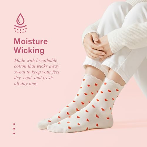 Image of Women's Cute Heart Pattern Crew Socks - 3 Pairs Colorful Novelty Gift Set - Soft Cotton Cozy Socks for Casual Wear