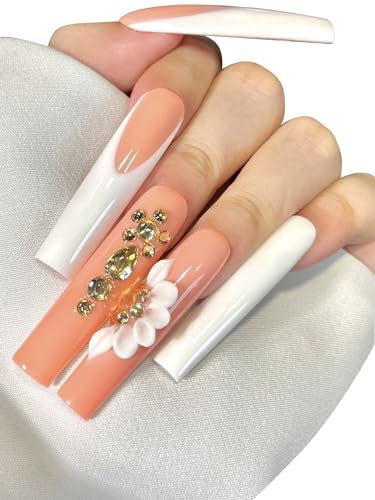 HAND-PAINTED White False Nails Set Coffin Press on Nails Pressons Kit Medium Length Stick on Nails Shoot Nail Art Short Nails with Nail Glue on Nails Square, Long Almond Nail (K1, Medium)