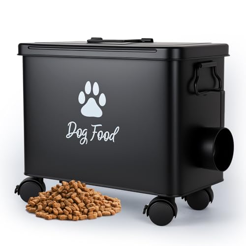 Himake Dog Food Container 13lb Cute Airtight Pet Food Storage Containers with Metal Lid Scoop Black Metal Storage Bin for Dog/Cat with Wheels Easy to Move