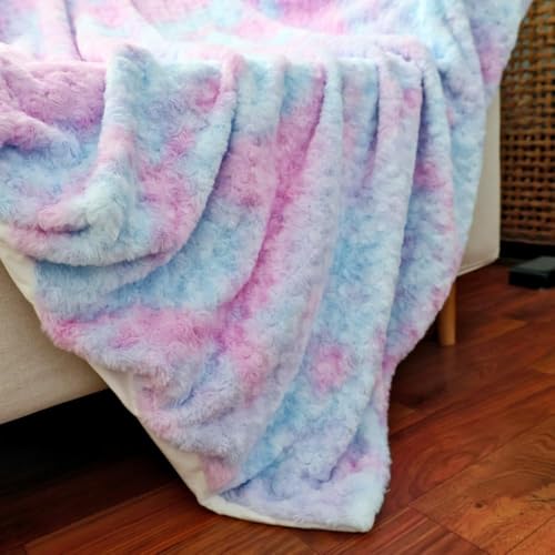Double Layer Super Soft Faux Fur Throw Blanket, Plush Rose Pattern, Pastel Blue and Pink Tie-Dye, Gift for Women Girls and Kids (Blue and Pink,Throw (51' x 63'))