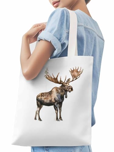 Canvas Tote Bag, Grey Vintage Moose Aesthetic Canvas Tote Handbags for Women Shoulder Bag, Retro Animals Elk3