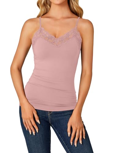 Image of LYANER Women's Lace Trim V Neck Camisole Adjustable Strap Undershirt Tank Stretch Fitted Cami Top