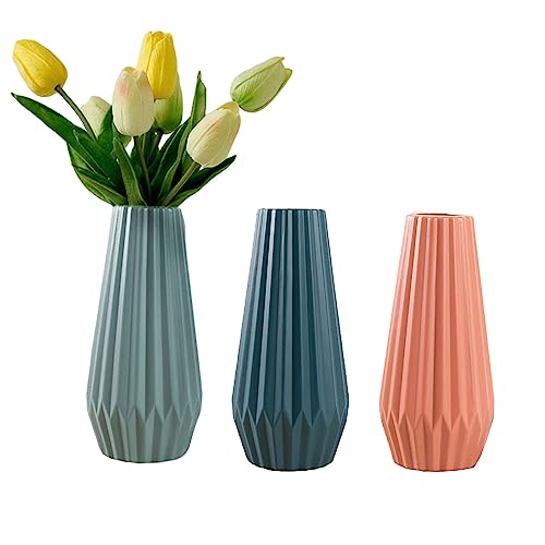 3 Stück Vasen Kunststoff Set Sonwaha Blumenvase Modern Pampasgras Vase Schmal Hoch Flower Vase Blau Grün Rosa Tulpenvase für Wohnungsdeko für Frische Blumen,Trockenblumen,Esstisch,Büro