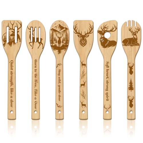 GLOBLELAND 6 Pcs Deer Wooden Spoons Utensil Set Forest Deer Bamboo Carving Kitchen Cooking Utensils Wooden Engraved Cooking Spatula Sets for Kitchen Fun House Warming Gift