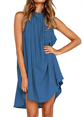 Kirundo Women'S 2024 Summer Halter Neck Sleeveless Mini Dress Loose Tank Top Pleated Flowy Short Beach Dress Sundress cover