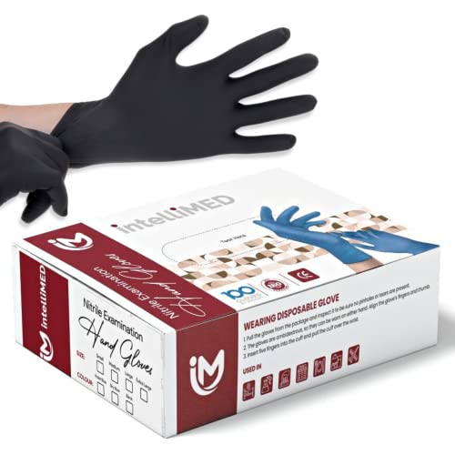 intelliMED Black Nitrile Gloves, Next-Gen Smooth Disposable Powder Free Examination Hand gloves, Multi-Purpose with Superior Durability, Surgical & General Gloves (Large, Pack of 100 (Black))