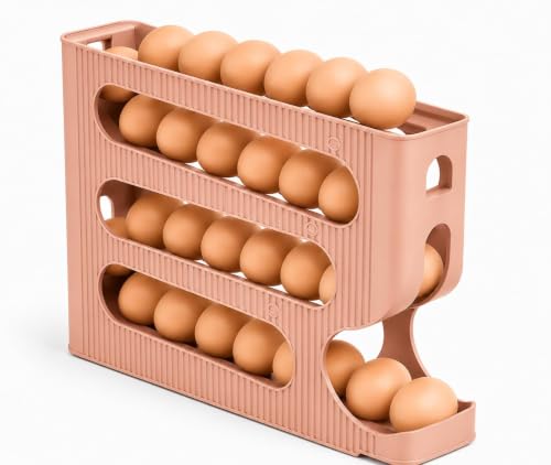 Image of 4-Tier Automatic Rolling Egg Dispenser for Refrigerator - Space-Saving Plastic Egg Holder, Holds Up to 30 Eggs, Roll-Down Design (Light Brown)