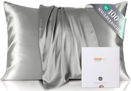 ZIMASILK poszewka na poduszkę 100% naturalny jedwab morwowy - do włosów i skóry - 19 mm jedwabiu po obu stronach - 1 sztuka, jedwab, srebrno-szary, standardowy 50x75cm