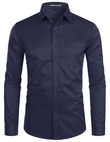 Image of PARKLEES Men's Long Sleeve Dress Shirt Solid Slim Fit Casual Business Formal Button Up Shirts with Pocket Navy L