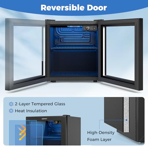 Image of COSTWAY Beverage Refrigerator Cooler, 1.3 Cu. Ft. 12 Bottles 55 Cans Mini Fridge with Tempered Glass Door, Removable Shelf & Adjustable Temperatures, Compact Drink Cooler for Wine, Beer & Soda