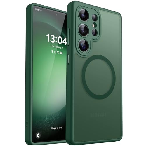 Image of CANSHN Designed for Samsung Galaxy S23 Ultra Case [Full Camera Protection] [Compatible with MagSafe] Translucent Matte Shockproof Protective Phone Cover 6.8 Inch - Deep Green