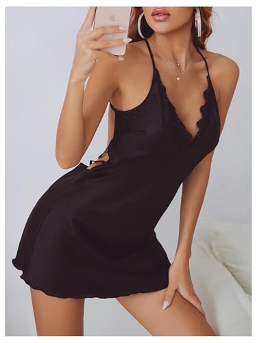 Image of RoseSeek Women's Spaghetti Strap Silk Nightgown Sexy Satin Mini Slip Dress | Backless, Criss Cross, Lace, Sleep Dress, Nightdress, Mini Slip Dress, Sexy Chemise Lingerie Sets