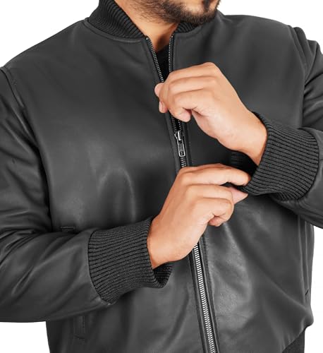 Leather Bomber Jacket Men - Ribbed Style Casual Varsity Real Lambskin Mens Leather Jacket Moto Fashion4